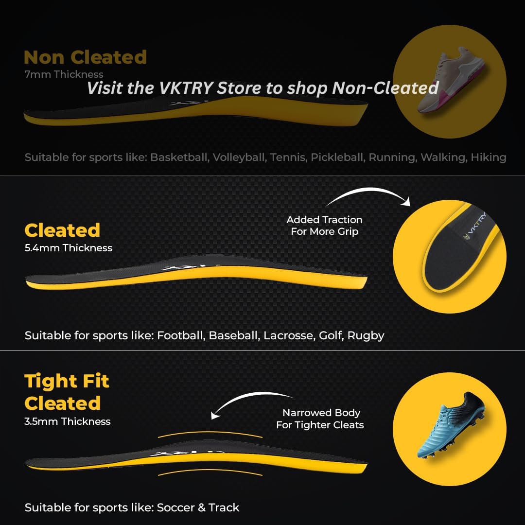 VKTRY Gold for Cleated Shoes - Carbon Fiber Performance Insoles - Customized Inserts for Football, Baseball, Lacrosse & More| Run Fast, Jump High, Support Recovery, US M8-8.5, W10-10.5, <120lb
