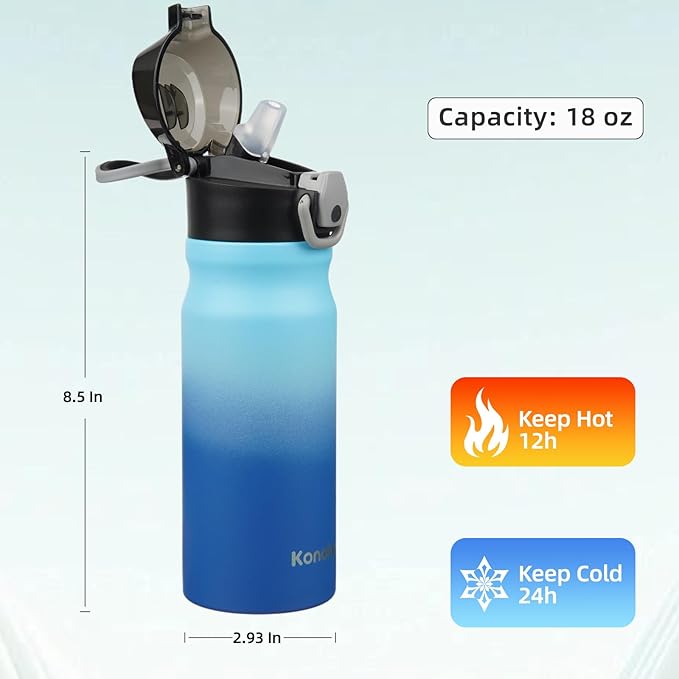 Insulated Water Bottle with Straw and Carry Loop,18 oz Stainless Steel Double Wall Vaccum Metal Water Flask with Leak-proof Lid,Sky-FlexoryFit