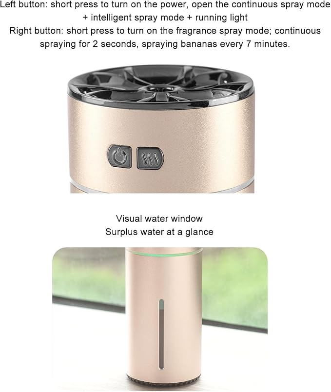 Portable Dual Spray Aromatherapy Diffuser and Humidifier with 300ml Water Tank for Smart Car Air Freshening (Gold)