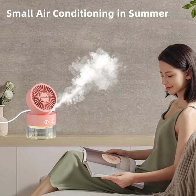 Personal Cooling Fan and Small Air Humidifier 350ml with LED Night Light, Desktop USB Charging Humidifier and Fan 3 in 1 for Office and Small Room, No Battery (Pink)