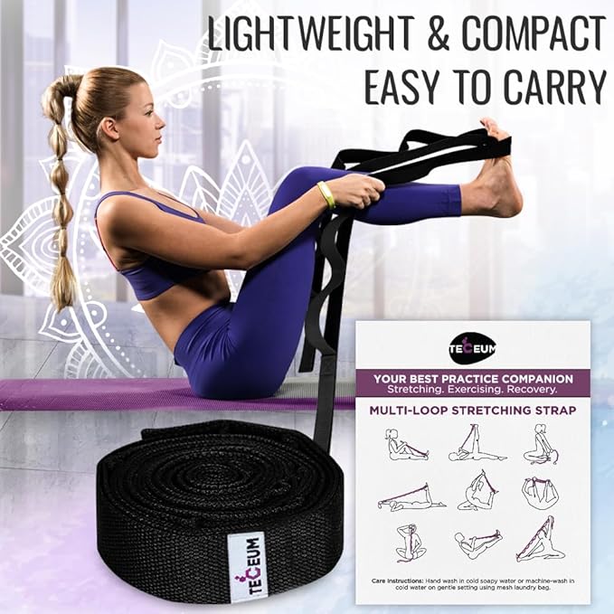 TECEUM Stretching Strap for Yoga & Physical Therapy – 10 Loops – Non-Elastic Leg Stretch Straps for Stretching, Exercising, Pilates, Post-Injury Rehabilitation for All Levels – Men & Women-FlexoryFit