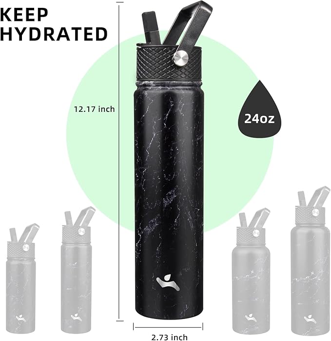 Insulated Water Bottle 24oz Stainless Steel Sport Bottles with 3 Lids,Marble Midnight-FlexoryFit
