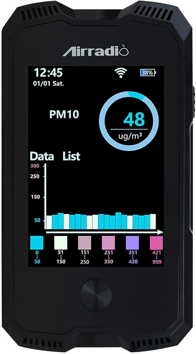 AirRadio Air Quality Monitor Meter A6 Carbon Dioxide Detector Air Quality Pollution Tester for CO2 PM2.5 PM10 Temp Humidity in Indoor Air Quality Meter with Electrochemical Sensor,Black