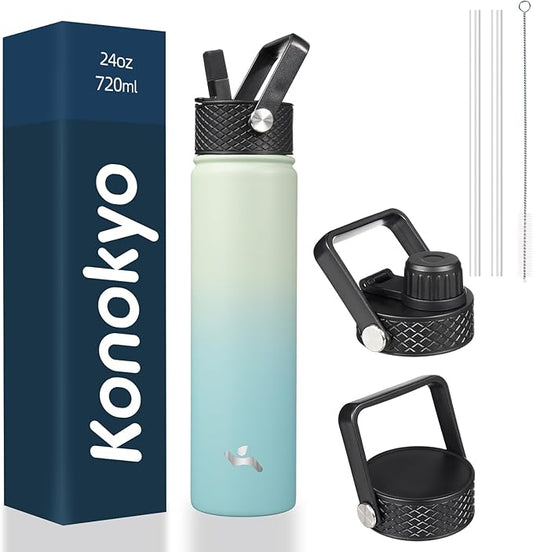 Insulated Water Bottle 24oz Stainless Steel Sport Bottles with 3 Lids,Mint-FlexoryFit