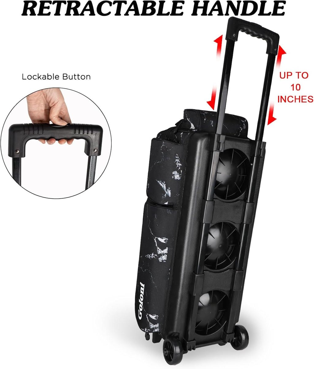 Goloni 3 Ball Bowling Bags with Wheels - Rolling Bowling Bag for 3 Balls & Accessories - Retractable Handle Extends to 38
