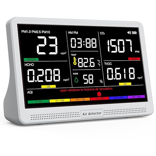 16 in 1 Air Quality Monitor Indoor 7" Display 9 AQI+7 AQI Alerts Air Quality Meter for CO2, TVOC, PM2.5 PM1.0 PM10, HCHO, Temperature Humidity AQI & Time, Air Detector Air Quality Tester for Home