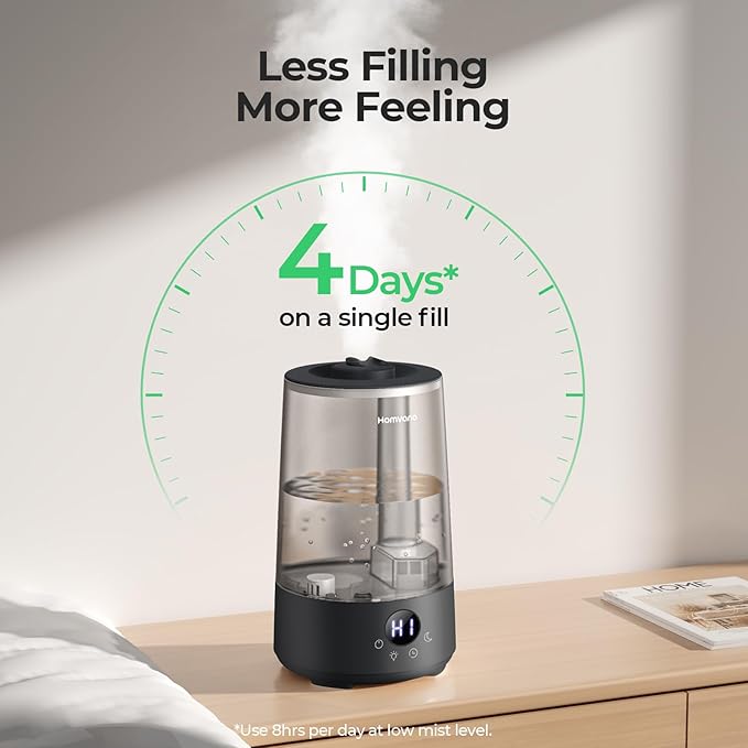 Homvana 3.6L Cool Mist Humidifiers for Bedroom, Large Room, Home, House, Office, Living Room, 34H Top Fill Easy to Clean Small Humidifier for Plants indoor, Grow Tents, Greenhouse, Filterless (Black)