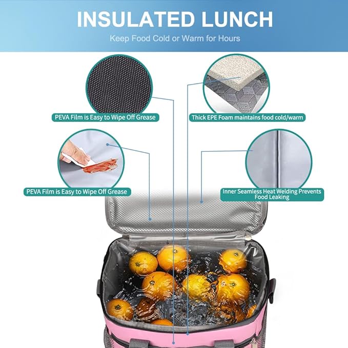 iknoe Large Foldable Cooler Bag, 8.5L Insulated Lunch Bag, Leakproof Lunch Cooler Tote with Multi-Bag Design Suitable for Beach, Picnic and Office Use, Pink 15-Can-FlexoryFit
