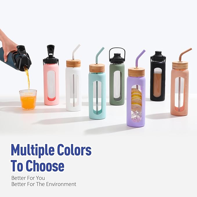 Kodrine Water Bottle with Straw, 24 oz Glass water Bottle with 2 Lids Bamboo Straw Lid and Spout Lid with Handle, 32 oz Clear Water Bottle Glass for Sports Travel, Waterbottle with Time Marker-FlexoryFit