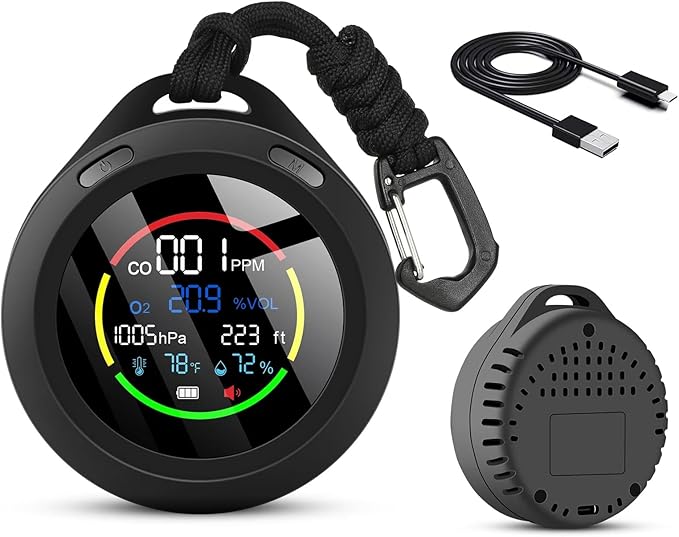 CF-5R Portable Carbon Monoxide Detectors, 6-in-1 CO Detector, Air Quality Monitor with Altimeter, Barometer, Temperature, Humidity Monitor for Hiking, Campimg and Outdoor Activitists