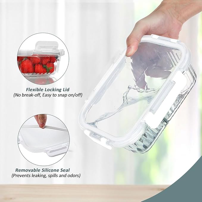 10 Packs Glass Food Storage Containers Set, Glass Meal Prep Containers with Lids, Airtight Lunch Containers, Microwave, Oven, Freezer and Dishwasher Safe, White-FlexoryFit