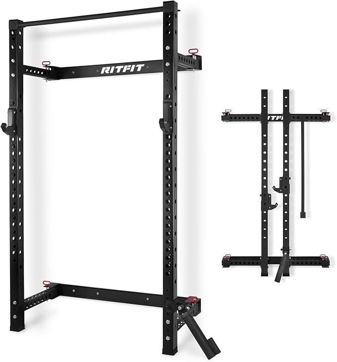 RitFit Multi-Functional Folding Squat Rack for Home Gym, 2.36'' x 2.36'' Wall Mounted Squat Rack with Attachments - Space Saving Squat Power Rack-FlexoryFit