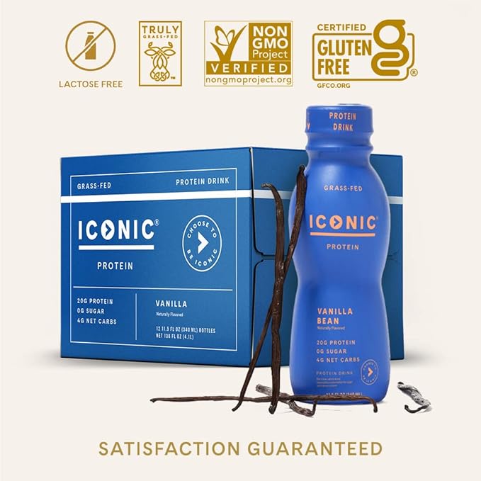 Iconic Protein Drinks, Vanilla Bean (12 Pack) - Sugar Free & Low Carb - 20g Grass Fed Protein - Lactose Free, Gluten Free, Non-GMO, Kosher - Keto Friendly Protein Shakes-FlexoryFit
