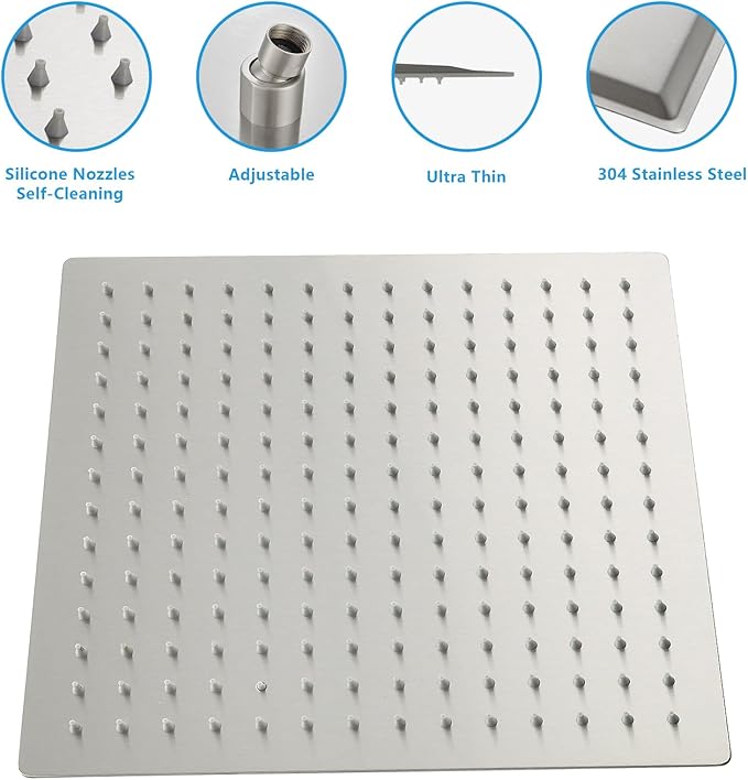 Lordear 16 Inch Shower Head Rainfall Solid Square Ultra Thin 304 Stainless Steel Brushed Nickel Adjustable Rain Shower Heads