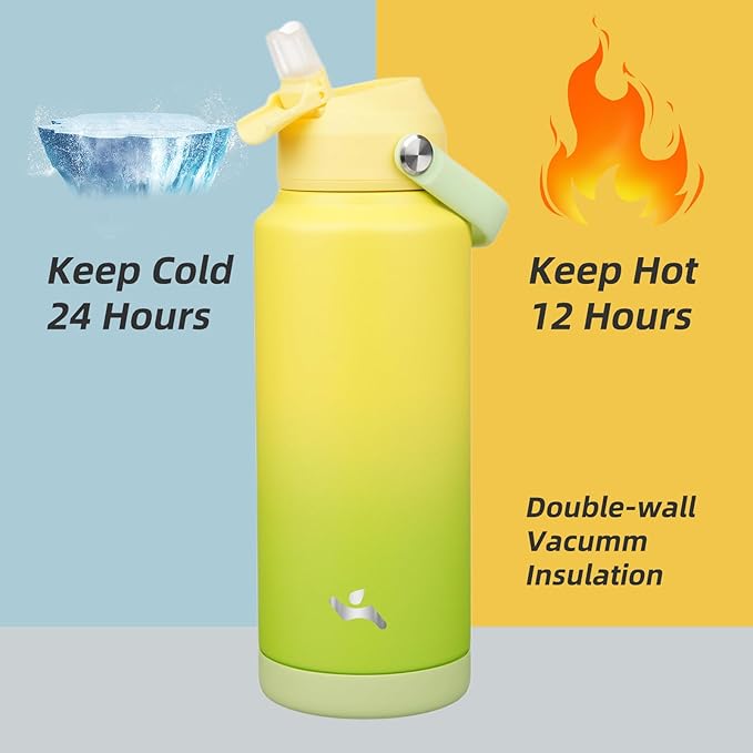 Insulated Water Bottle with Straw Lid,32 oz Stainless Steel Vacuum Metal Bottle with Silicone Handle,Lime-FlexoryFit