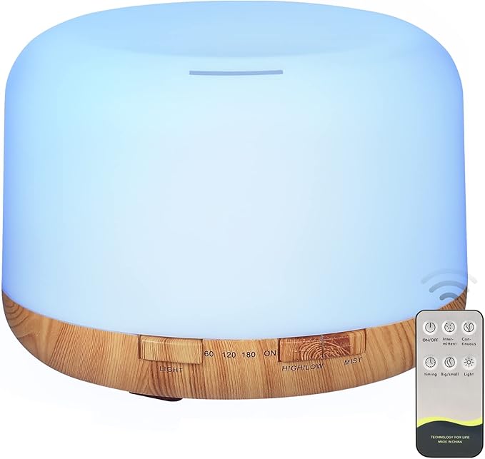 Oil Diffuser, 500ml Essential Oil Diffusers with 2 Mist Mode 4 Timers＆7 Ambient Light Waterless Auto Off, Diffusers Large Room Home Office