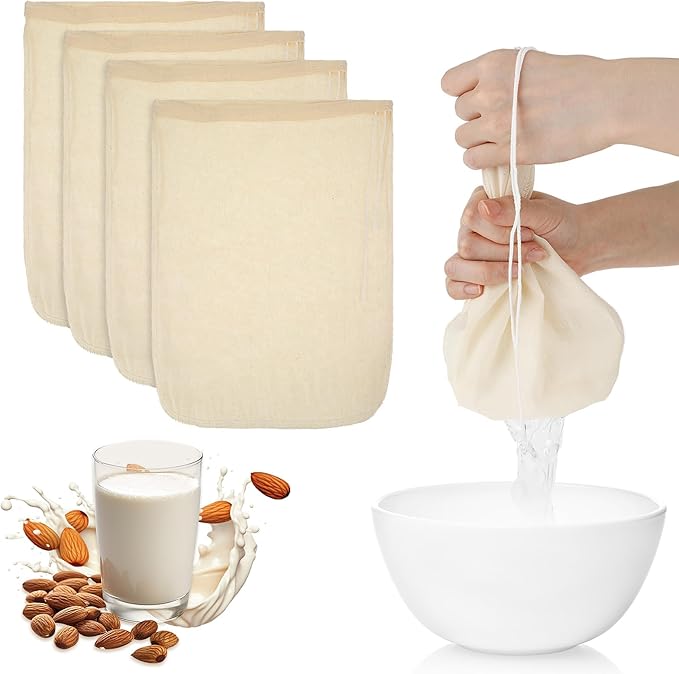 4 Pack Nylon Nut Milk Bag 12 × 8 Inches Fine Mesh Cheese Cloth Multiple Usage Reusable Food Strainer Professional Cold Brew Filter for Straining Juice Coffee Yogurt Tea (Cotton, 12×8 In)