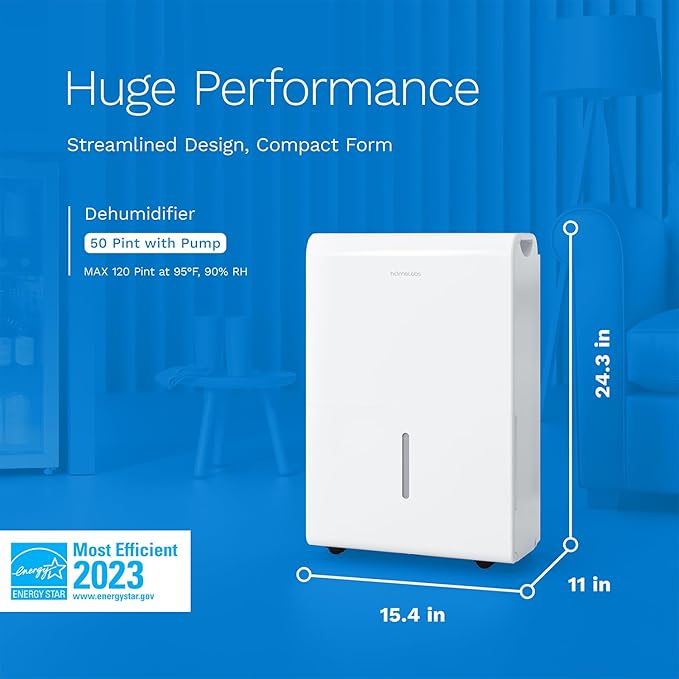 hOmeLabs 50 Pint Wi-Fi Dehumidifier with Pump for up to 7,000 Sq Ft (MAX 120 Pint at 95°F, 90% RH) – High Capacity Moisture Removal for Large Rooms, Offices, and Basements