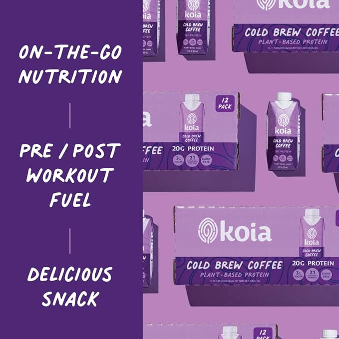 Koia Plant Based Protein Shake, Cold Brew Coffee, 20g Protein, 3g Sugar, 6g Prebiotic Fiber, 21 Vitamins & Minerals, Meal Replacement Drinks, Dairy-Free, Gluten-Free, Non-GMO, 11 Fl Oz (Pack of 12)-FlexoryFit
