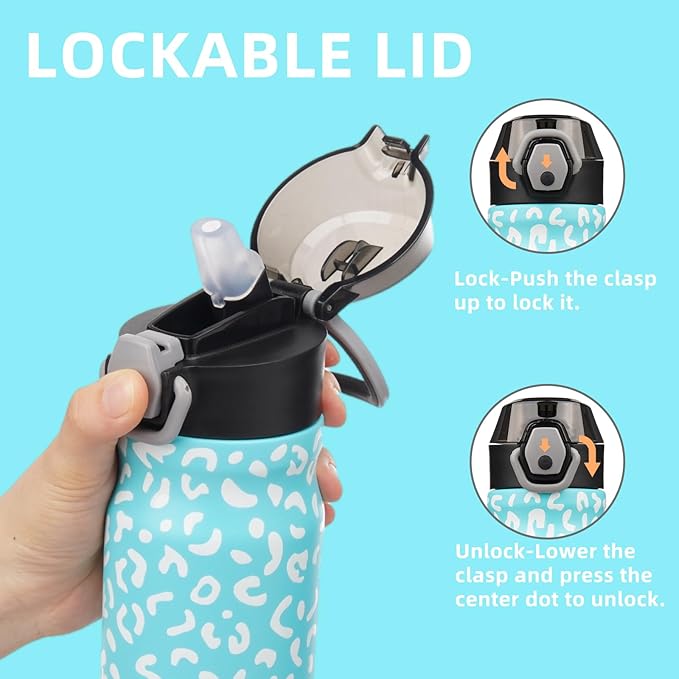 Insulated Water Bottle with Straw and Carry Loop,18 oz Stainless Steel Double Wall Vaccum Metal Water Flask with Leak-proof Lid,Blue Leopard-FlexoryFit