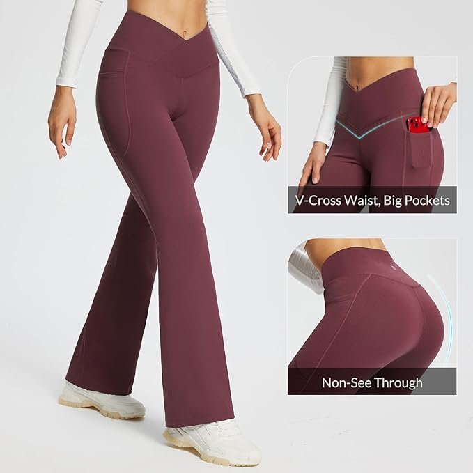 baleaf Women's V Crossover Flare Leggings with Pockets Yoga Pants High Waist Casual Workout Gym Bell Bottom Leggings-FlexoryFit