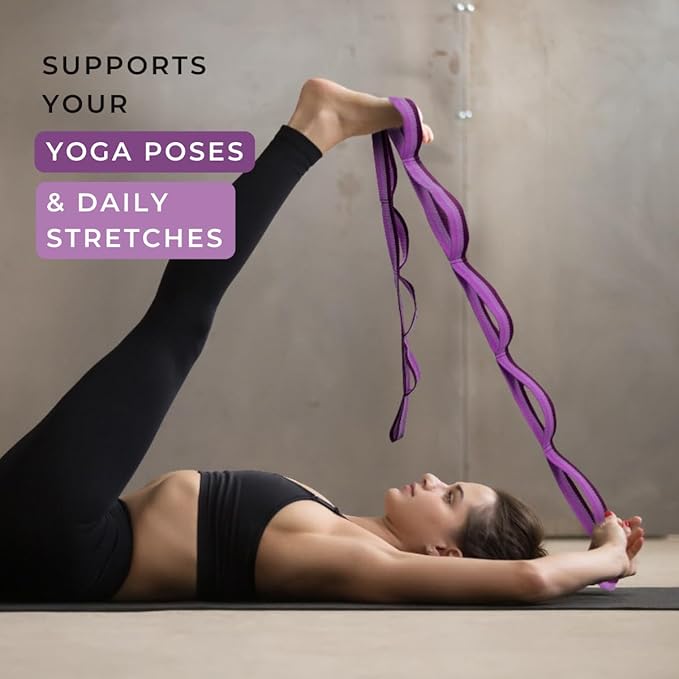 California Yoga Strap | Yoga Belt with Loops | 12 Multi Loop & Non-Elastic | Stretching Strap | Gym Workout & Exercise Bands | Physical Therapy | Improves Sitting Posture for Women & Men-FlexoryFit