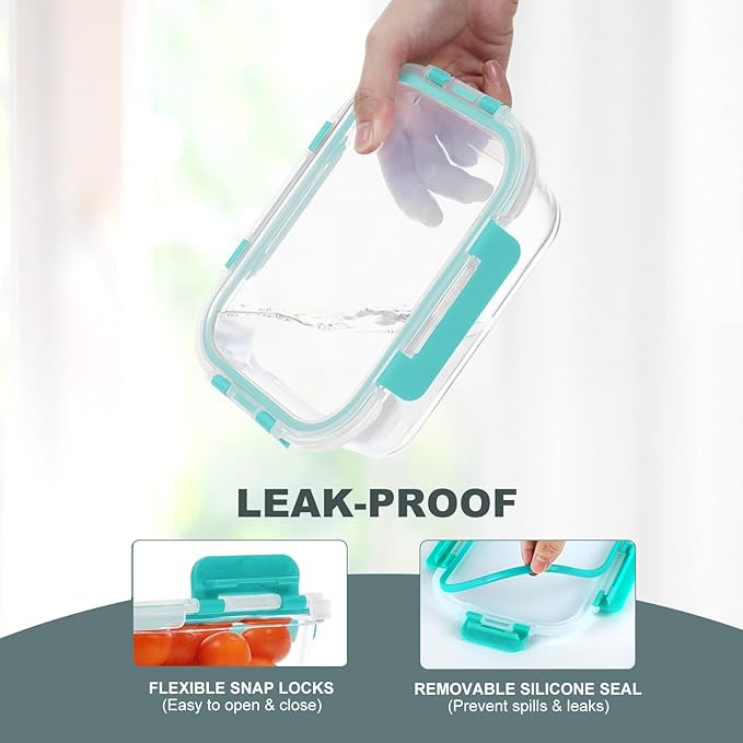 10 Pack Glass Food Storage Containers, Meal Prep Containers with Lids, Airtight Glass Lunch Boxes, Freezer, Oven, and Microwave Safe, Green-FlexoryFit