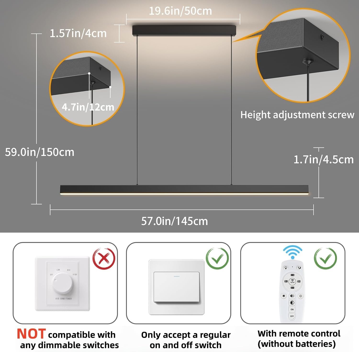 Modern Ceiling Pendant Light,57in LED Black Linear Ceiling Chandelier Light Dining Room,Living Room,Warm & Cool, Neutral Light,Aluminum Island Lighting Hanging Pendant Light for Kitchen