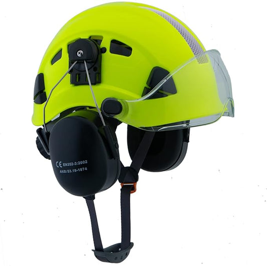 LOHASPRO Arborist Forestry Helmet Safety Hard Hat with Visor and Ear Muffs for Tree Service Logging Cutting Wood Chainsaw Helmet Garden Work Trimming Mowing(P91 Lime+Clear Visor+Earmuff)