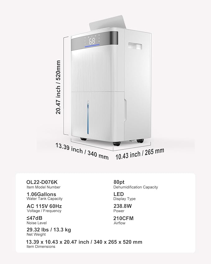 VEVOR 80 Pints Dehumidifier for Home & Basement, 4500 Sq.Ft Large Coverage, Drain Hose for Commercial & Industrial Use, Smart Humidity Control, Low Noise for Warehouses, Bathroom, Bedrooms & Storage
