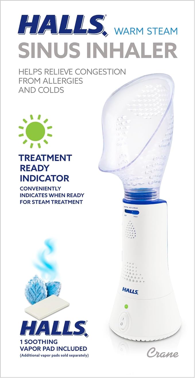 Crane x Halls Personal Vaporizer Steam Inhaler, Throat Steamer, Warm Steam Sinus Inhaler for Congestion and Cough Relief, Vapor Pad Compatible, Vocal Steamer for Singers