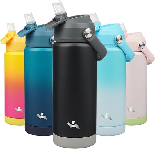 Insulated Water Bottle with Straw Lid,18 oz Stainless Steel Vacuum Metal Bottle with Silicone Handle,Black-FlexoryFit