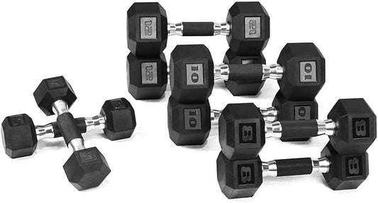 WF Athletic Supply Rubber Encased Hex Dumbbells with Rubber Grip Contoured Handle for Muscle Toning, Strength Building & Full Body Workout-FlexoryFit
