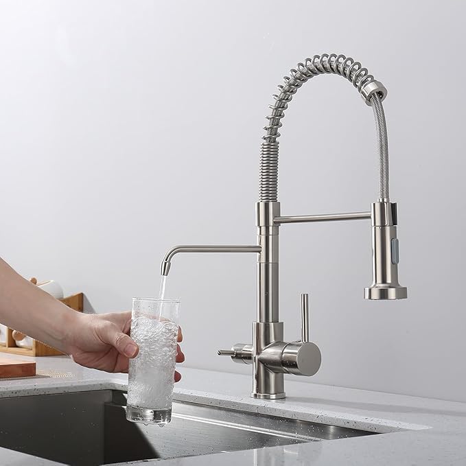 3 Way Kitchen Faucet, Drinking Water Faucet, Filter Kitchen Faucet for Water Filtration System, 3 in 1 Commercial Style Pull-Down 2 Handles, Brushed Nickel