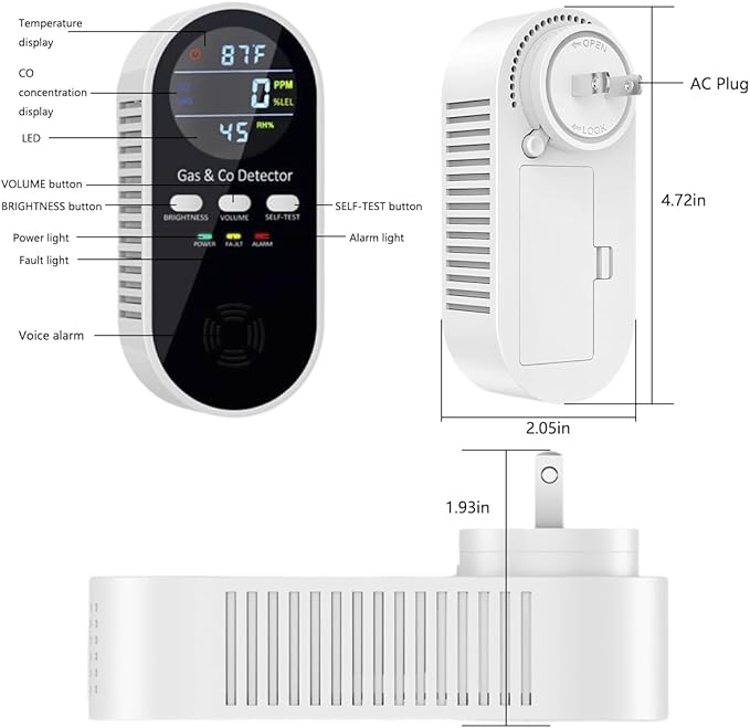 5 in 1 Carbon Monoxide Detector & Natural Gas Detector with Temperature Humidity Display，Battery Backup for Plug-in Co Detector and Combination Gas Suitable for Home/Hotel/Travel - 1Pcs