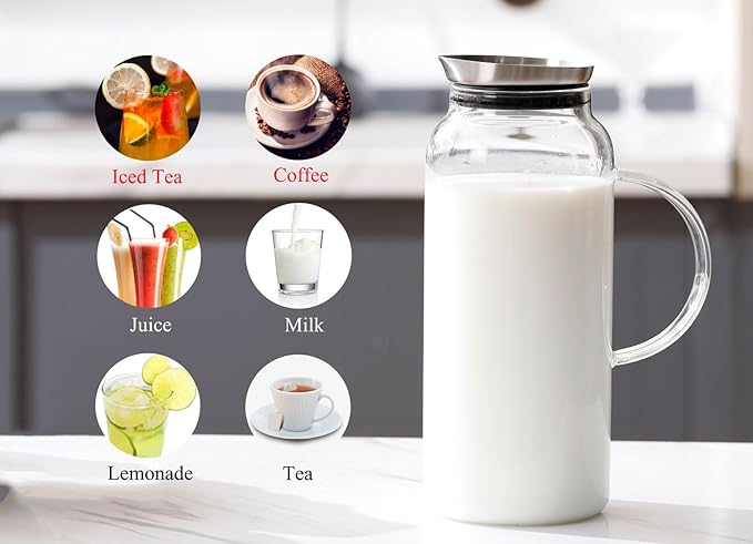 68 Ounces Glass Pitcher with Lid, Hot/Cold Water jug for Coffee, Lemonade, Iced Sun Tea,Beverage, Milk