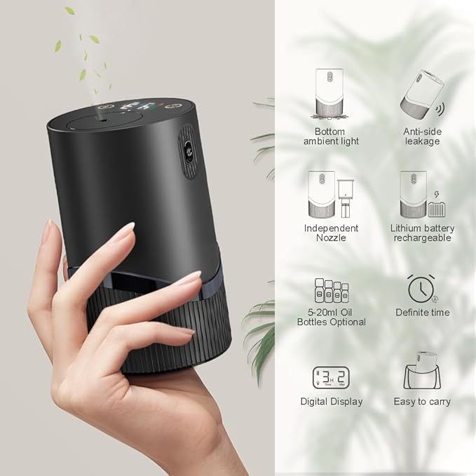 Waterless Essential Oil Diffuser -Aroma Diffuser, Portable Smart Scent Air Machine 1/2/3 & Continuous Mist, Anti-TIPP, Timer Setting and Auto-Off Function (Black)