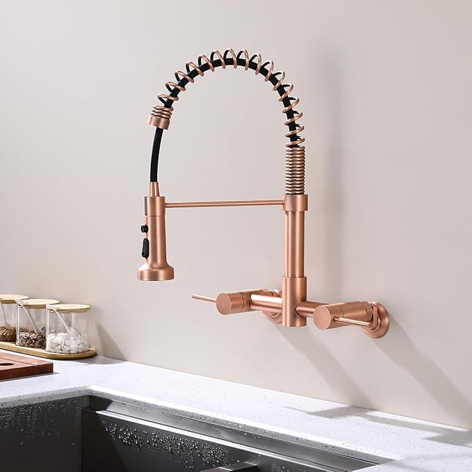 Wall Mount Kitchen Faucet Rose Gold, 8 Inch Center Wall Mount Kitchen Sink Faucet with Pull Down Sprayer with Sprayer Commercial, Red Copper