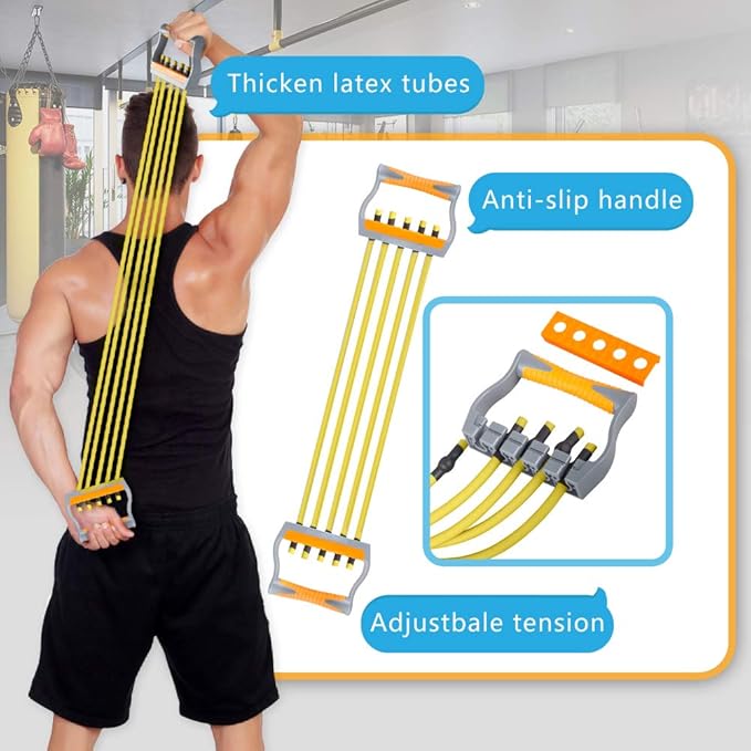 TOCO FREIDO Chest Expander | Arm Training, 5 Tubes Ajustable Arm Strength Trainer, Exercise Resistance Bands for Home Fitness Muscle Training Body Building-FlexoryFit