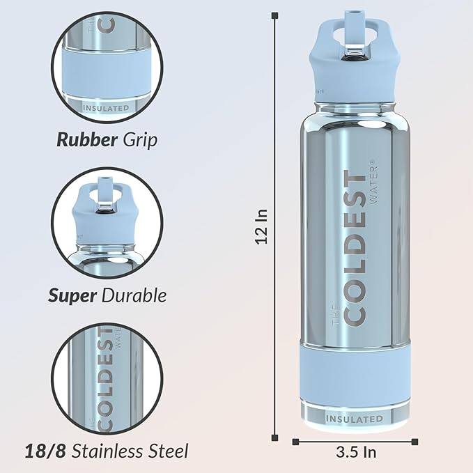 Coldest Insulated Water Bottle with Straw Lid - Stainless Steel Metal Insulated Bottle for Men & Women (Silver Reflections, 40 oz)