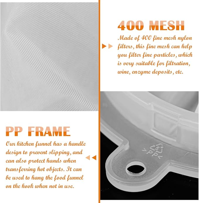 3PCS Filter Strainer 400 Mesh Nylon Food Grade Filter Mesh Filter Funnel for Juice Milk Wine Cheese Whey Grease Coffee, 5 Inch