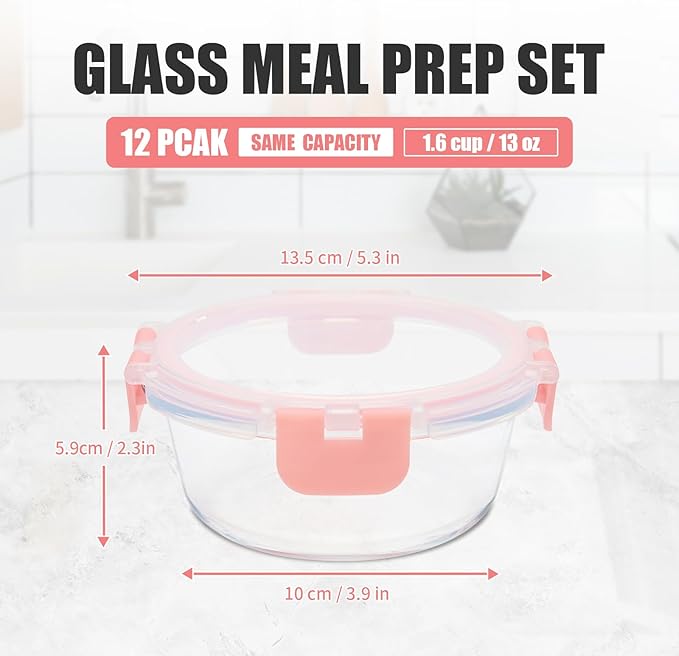 12 Pack 13oz Small Glass Food Storage Containers with Lids Airtight, Leak-Proof Round Meal Prep Containers Set, Freezer to Microwave Safe, Dishwasher Safe-FlexoryFit
