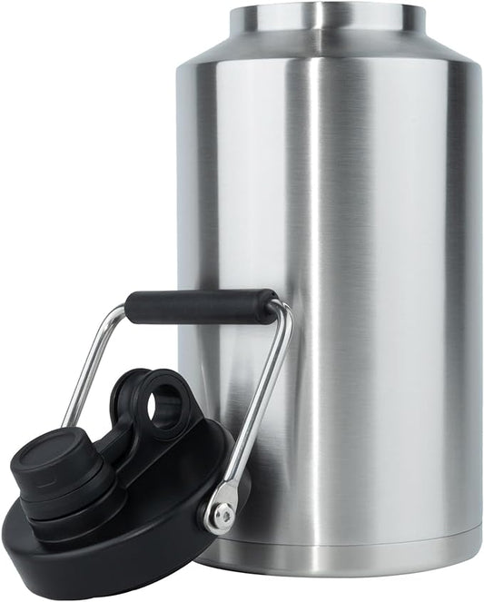 Kerilyn Insulated Gallon Jug with Handle, One Gallon, 128oz Stainless Steel, Large Double Vacuum Water Bottle for Hot & Cold Drinks, Wide Mouth, Sweat Proof, Great for Travel, Camping, Stainless-FlexoryFit