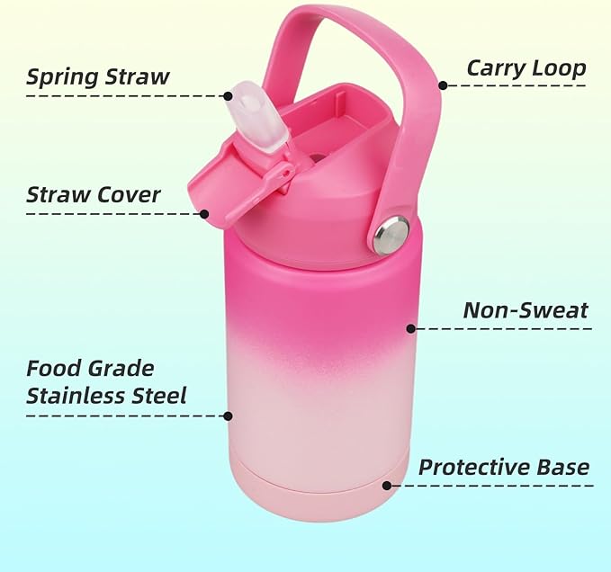 Insulated Water Bottle with Straw Lid,12 oz Stainless Steel Vacuum Metal Bottle with Silicone Handle,Cherry Blossom-FlexoryFit
