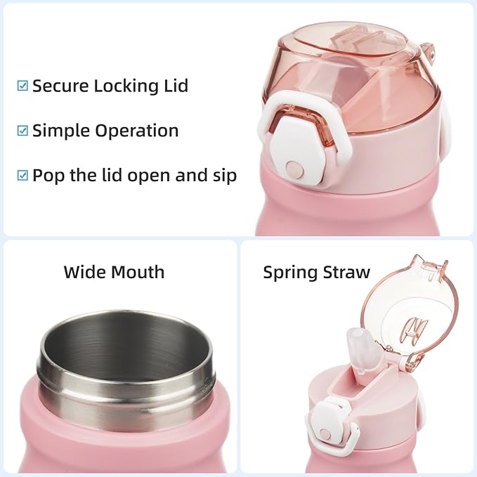 Insulated Water Bottle with Straw and Carry Loop,18 oz Stainless Steel Double Wall Vaccum Metal Water Flask with Leak-proof Lid,Pink-FlexoryFit