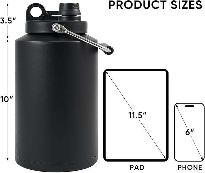 Kerilyn Insulated Jug with Handle, One Gallon, 128oz Stainless Steel, Large Double Vacuum Water Bottle for Hot & Cold Drinks, Wide Mouth, Sweat Proof, Great for Travel, Hiking & Camping, Black-FlexoryFit