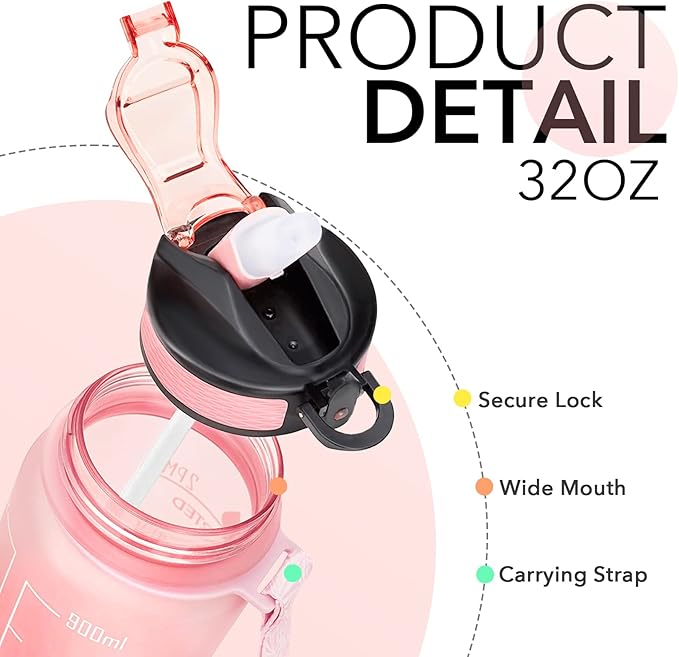 Hyeta 32 oz Water Bottles with Times to Drink and Straw, Motivational Water Bottle with Time Marker, Leakproof, Drinking Sports Water Bottle for Fitness, Gym and Outdoor-FlexoryFit