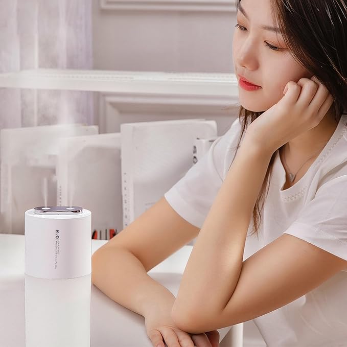 Double Spray Humidifier Large Fog Volume USB Portable Desktop Humidifier for Car Office Home Plastic 400ml Water Tank (White)