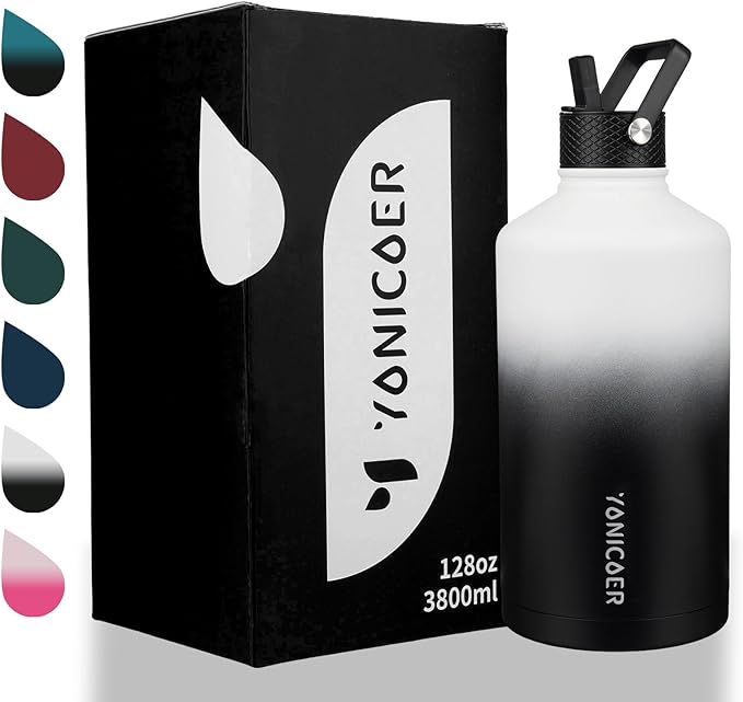 Insulated Water Bottle 64oz,Triple Wall Vacuum Stainless Steel(Dishwasher Safe),Leak Proof & Non-BPA,Flask Jug with Paracord Handle & Straw Spout Lids Sports-FlexoryFit
