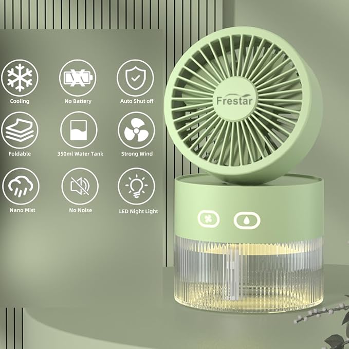 Personal Cooling Fan and Small Air Humidifier 350ml with LED Night Light, Desktop USB Charging Humidifier and Fan 3 in 1 for Office and Small Room, No Battery (Green)